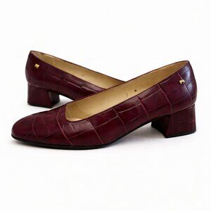 Etienne Aigner 7W Pumps Burgundy Croc Embossed Leather Block Heel Square Toe